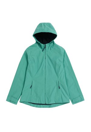 Türkiz vízálló kabát kapucnival, cipzáras zsebekkel és egyenes szabással. Simább, könnyű szövetből készült, kontrasztos béléssel.