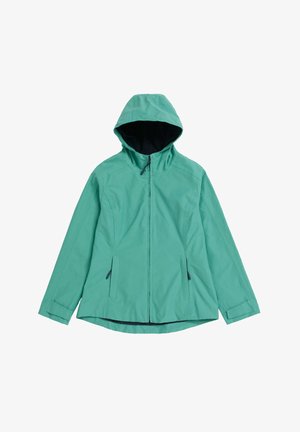 Turquoise waterdichte jas met kap, voorzien van ritszakken en een rechte snit. Gemaakt van glad, lichtgewicht stof met een contrasterende voering.