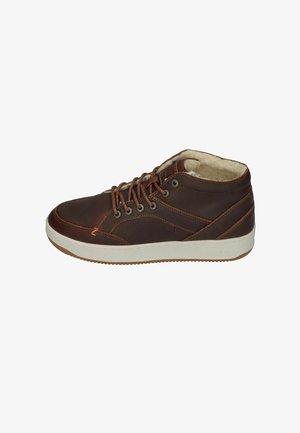 Brown leather high-top sneaker with white sole, rubber texture, contrasting stitching, and metal eyelets for laces. Interior lined with soft material.