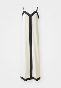 Krämfärgad, ärmlös klänning med svarta detaljer längs halsringningen och sidorna, med en rak skärning och golvlång design.