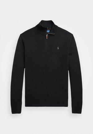 Black pullover sweater in knit fabric with a high collar, quarter zip, and embroidered logo on the left chest. Smooth texture.