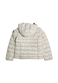Giacca piumino leggera, colore crema, texture trapuntata, cappuccio regolabile, polsini elasticizzati, dotata di due tasche laterali e materiale sintetico.