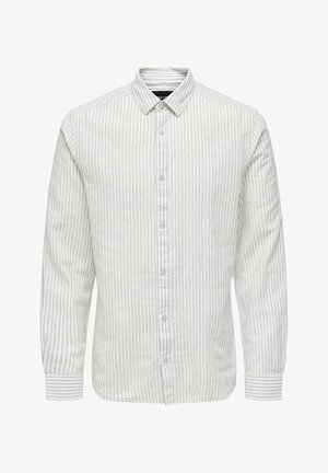 Knappskjorte med lange ermer, med et lysegrått og hvitt loddrett stripemønster og klassisk krage. Laget av bomullsblandingsstoff.