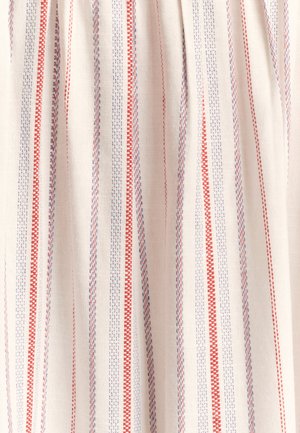 Cotton fabric with vertical stripes in red, purple, and white. Features a textured finish and a soft drape, suitable for garments.