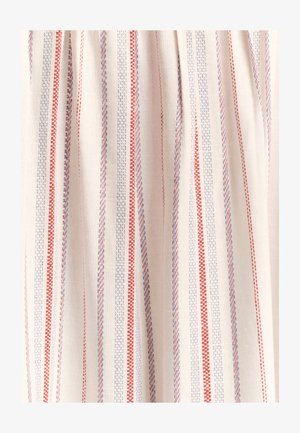 Bavlnená látka s vertikálnymi pruhmi v červenej, fialovej a bielej farbe. Má textúrovaný povrch a mäkký pád, vhodný na odevy.