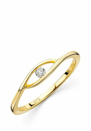 Goldring mit einer glatten, polierten Oberfläche, in dem ein runder Diamant in einer länglichen, augenähnlichen Aussparung gefasst ist. Innen mit '375' gestempelt.