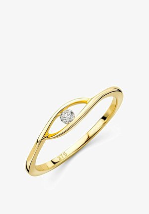 Kuldne sõrmus sujuva, poleeritud pinnaga, millel on ümmargune teemant paigutatud piklikusse, silma meenutavasse avausse. Sees on tähistus '375'.