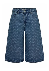 Denim culottes v temno modri barvi z rahlo zbledelim vzorcem, ki imajo visok pas, dva sprednja žepa in ravno nogavico.