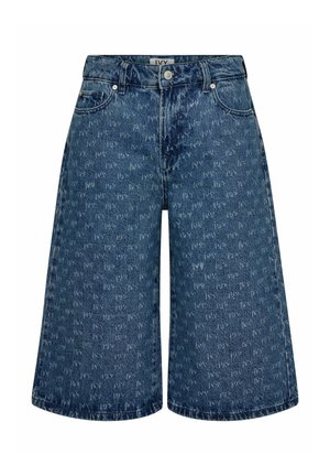 Culottes de denim en azul oscuro con un ligero patrón desteñido, con una cintura alta, dos bolsillos frontales y un corte recto en las piernas.