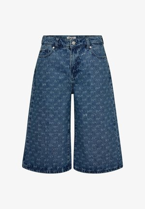 Denim culottes v temno modri barvi z rahlo zbledelim vzorcem, ki imajo visok pas, dva sprednja žepa in ravno nogavico.