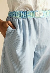 Pruhované svetlomodré šortky s elastickým pásom, ktorých súčasťou je zeleno-modrý vzorovaný lem a bočné vrecká. Viditeľná značka.