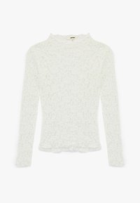 Hvid langærmet top med struktureret blondermønster, bølget kant og høj hals. Fremstillet af let, åndbart stof.