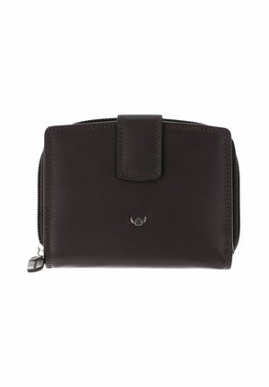 Portefeuille en cuir marron foncé avec fermeture à rabat pression, compartiment zippé et petit emblème argenté centré sur le devant.