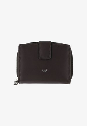 Portefeuille en cuir marron foncé avec fermeture à rabat pression, compartiment zippé et petit emblème argenté centré sur le devant.