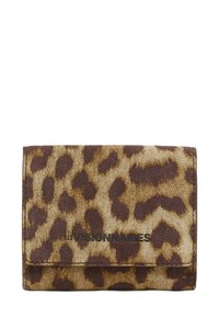 Leopard-print wallet made of soft suede with a brown and tan color scheme. Features a fold-over design and embossed logo on the front.
