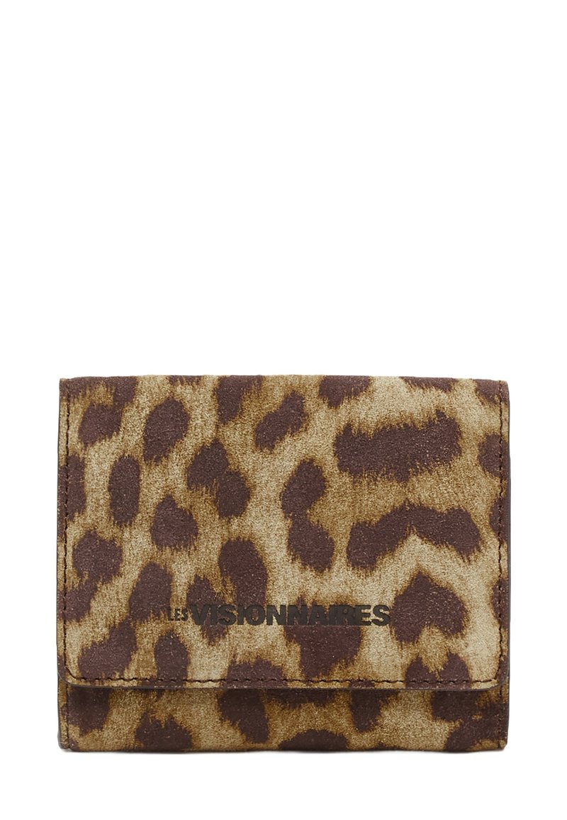 Leopard-print wallet made of soft suede with a brown and tan color scheme. Features a fold-over design and embossed logo on the front.