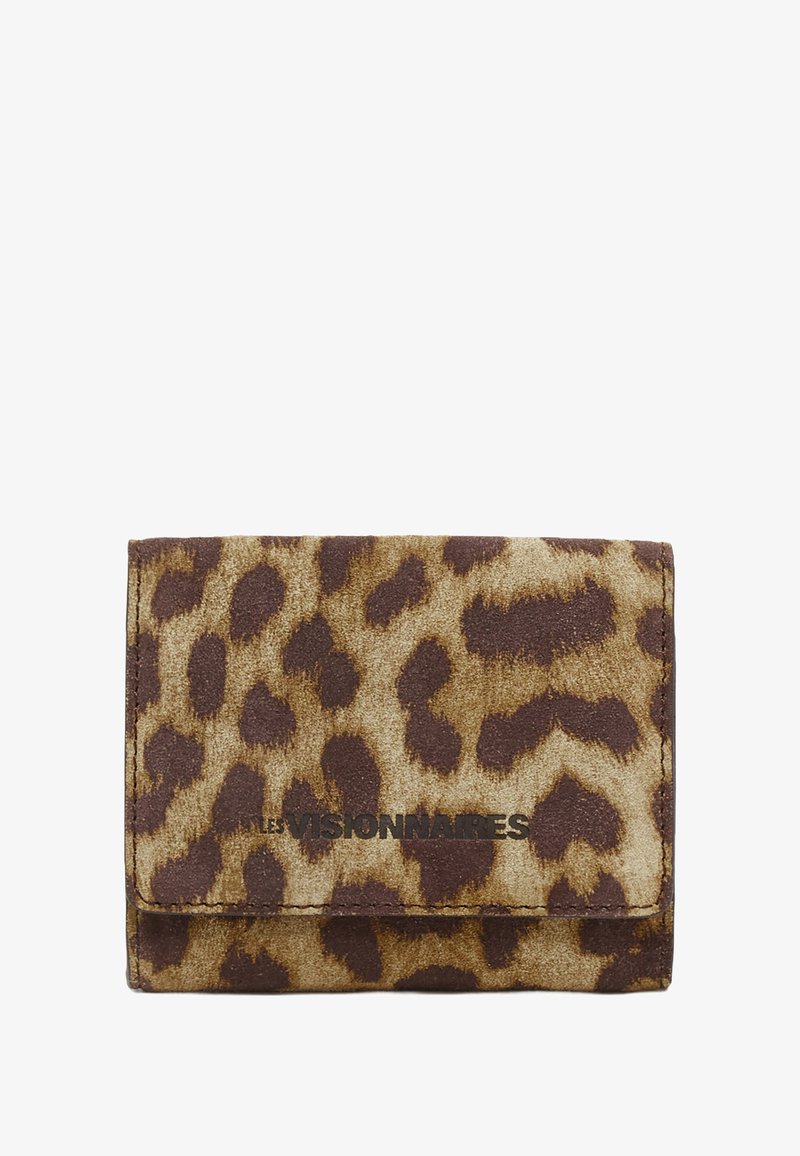 Leopard-print wallet made of soft suede with a brown and tan color scheme. Features a fold-over design and embossed logo on the front.