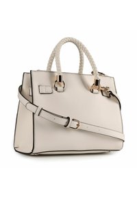 Beige gestructureerde handtas met gevlochten handvatten, gouden hardware accenten en zwarte bies. Inclusief afneembare schouderriem.