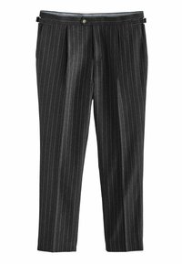 Gray pinstriped trousers with a relaxed fit, featuring pleats and a button closure at the waist. Smooth fabric with a polished finish.