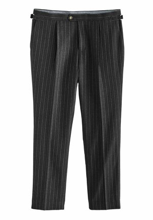 Gray pinstriped trousers with a relaxed fit, featuring pleats and a button closure at the waist. Smooth fabric with a polished finish.