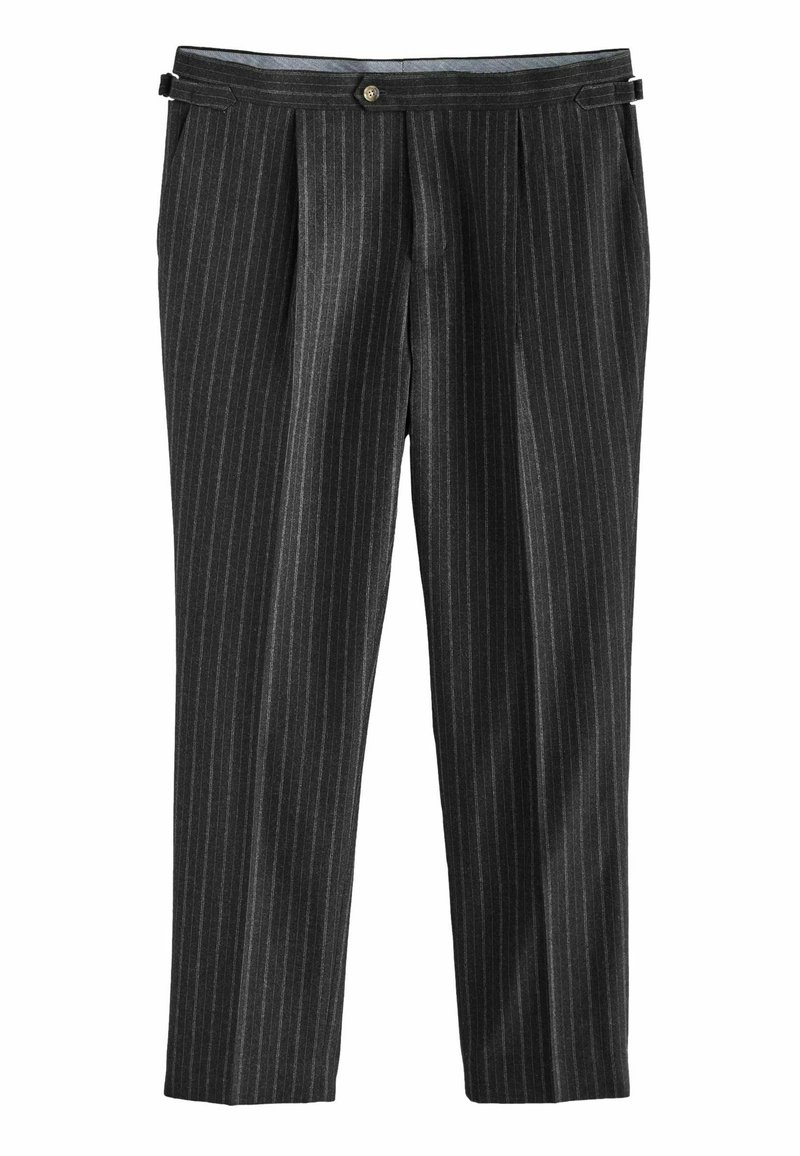 Gray pinstriped trousers with a relaxed fit, featuring pleats and a button closure at the waist. Smooth fabric with a polished finish.