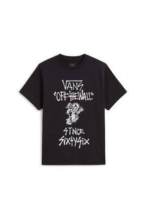 Schwarzes T-Shirt mit kurzen Ärmeln, weißem Vans "Off The Wall"-Schriftzug, einer laufenden Skelettgrafik und "Since SixtySix" vertikal aufgedruckt.