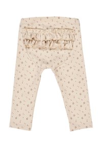 Leggings beige con piccoli motivi floreali in rosa e verde, dotati di una tasca posteriore arricciata e realizzati in morbido cotone.