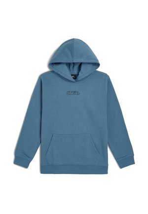 Sweat à capuche en tissu bleu clair, doté d'une poche kangourou sur le devant et d'un logo brodé. Texture lisse avec des poignets et un ourlet côtelés.