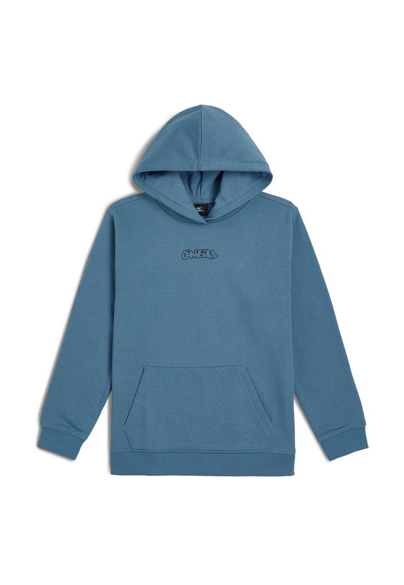 Kaptur w kolorze jasnoniebieskim, wykonany z materiału, z przednią kieszenią typu kangur oraz haftowanym logo. Gładka struktura z prążkowanymi mankietami i dołem.