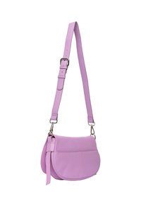 Borsa a spalla in pelle viola con forma arrotondata, tracolla regolabile e superficie liscia. Presenta un design semplice e sobrio.