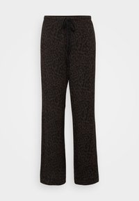 Pantaloni jogger neri con un motivo a stampa leopardata, vita con laccetto, vestibilità ampia e texture di tessuto morbido.