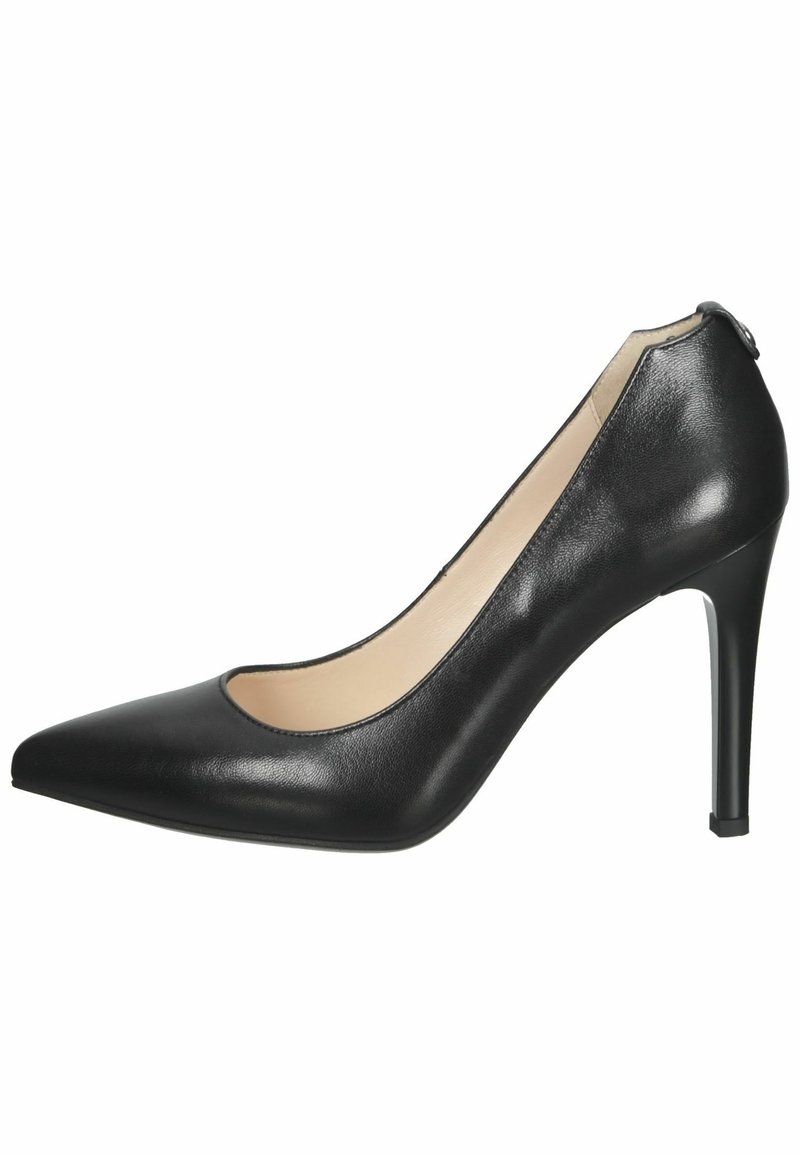 Black leather high heel shoe with a pointed toe and a low-cut vamp, featuring a textured finish and a slim stiletto heel.