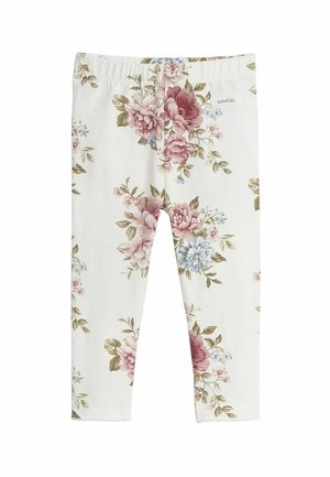 Blumen-Leggings aus weichem Material; mit einem weißen Hintergrund, darauf rosa und blaue Blumen, grüne Blätter und einem elastischen Bund.
