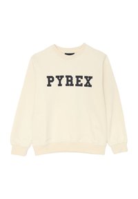 Felpa crema con maniche lunghe e la parola "PYREX" in grandi lettere nere a blocchi sulla parte anteriore.