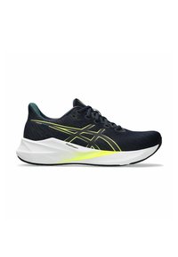 Dunkelblaue Sportschuh mit einem strukturierten Mesh-Obermaterial, limonengrünen Akzenten, einer weißen Zwischensohle und einer schwarzen Gummisohle. Verfügt über ein Schnürdesign.