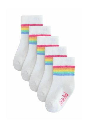Five pairs of white cotton socks featuring a colorful rainbow stripe at the cuff and a small red "little bad" logo on the side.