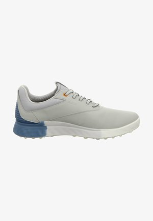 Light gray athletic shoes with a smooth synthetic upper, textured gray heel, and blue rubber sole featuring small traction studs.