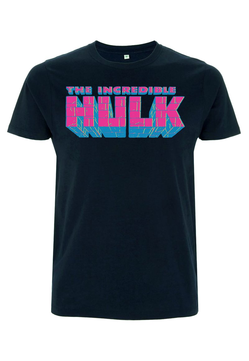 Černé bavlněné tričko s odvážným, 3D stylem textu "NEUVĚŘITELNÝ HULK" v růžové a modré barvě. Krátké rukávy a design s kulatým výstřihem.