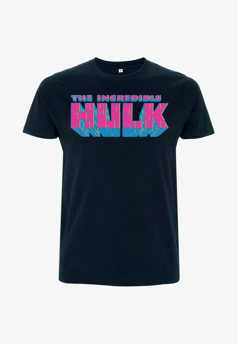 Černé bavlněné tričko s odvážným, 3D stylem textu "NEUVĚŘITELNÝ HULK" v růžové a modré barvě. Krátké rukávy a design s kulatým výstřihem.