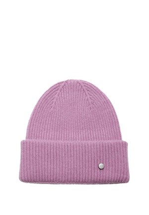 Pink knit beanie with ribbed texture, folded brim, and a small metallic logo accent on the side. Soft material, warm design.