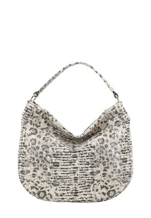 Leopard print handbag in beige and black, made from textured material, features a curved silhouette and a simple strap. Gold logo detail included.