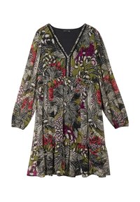 Grünes Kleid mit Blumenmuster, ausgestattet mit langen Ärmeln, einem V-Ausschnitt und einem gestuften Rock. Die Materialien haben ein leichtes, strukturiertes Erscheinungsbild.