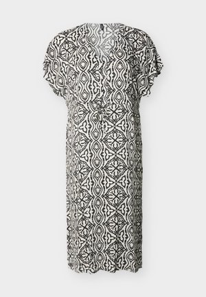 Black and white patterned knee-length dress with short sleeves and a gathered waist tie on a plain background.