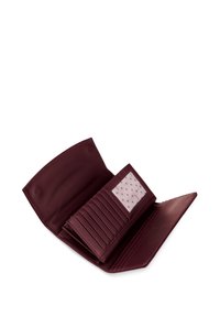 Burgundy leather wallet with a smooth texture, features a clear ID window and multiple card slots, opening to a spacious interior.