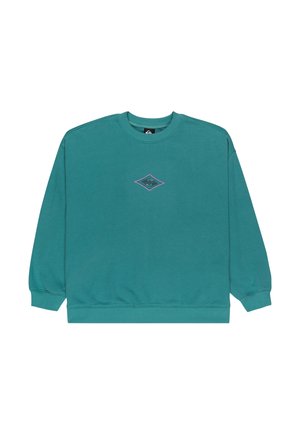 Tyrkis sweatshirt i bomull med rund halsringning och ribbade ärmslut. Centrerad diamantformad logotyp i lila och svart.