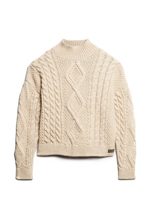 Cream-colored knitted sweater with a high collar, featuring textured cable patterns and ribbed cuffs, as well as a cropped hem.
