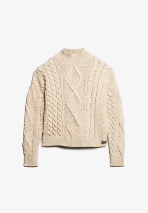 Kremowy sweter dzianinowy z wysokim kołnierzem, z teksturowanymi wzorami w warkocze oraz ściągaczami, a także skróconym dołem.