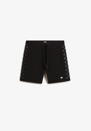Zwarte zwemshort met een dambordpatroon aan de zijkanten, een trekkoord in de taille en een logopatch aan de onderkant rechts.