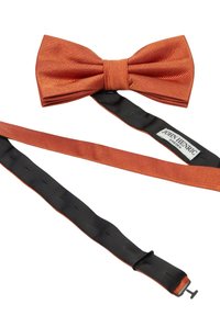 Rostfärgad sidenfluga med diagonalt ribbat mönster, i kombination med ett svart justerbart band med metalldock och varumärkesetikett.