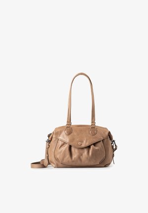 Braune Lederhandtasche mit zwei Schulterriemen, vorderer Überschlagtasche und abnehmbarem Seitenriemen, vor weißem Hintergrund präsentiert.